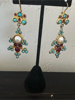 Gold-Tone Turquoise, Ruby and Pearl Drop Earrings